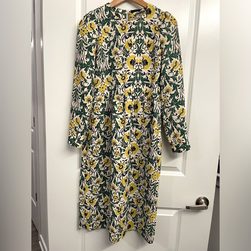 Zara Woman green and yellow floral printed long sleeve dress
